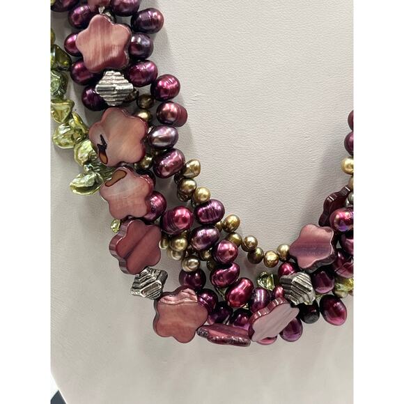 5-Strand MultiColor Purple Green Pink Freshwater Pearl Flower Bead Necklace - Picture 2 of 12